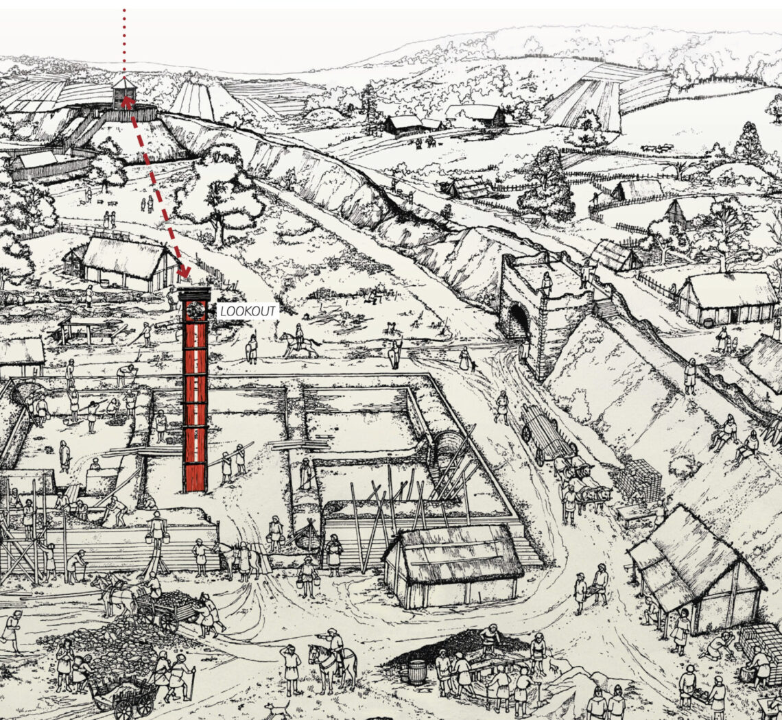 An etching showing the construction of the Norman castle in Canterbury, shortly after the Battle of Hastings. A lookout tower is superimposed within the construction site of the castle in direct line of sight to its Motte and Bailey antecedent.